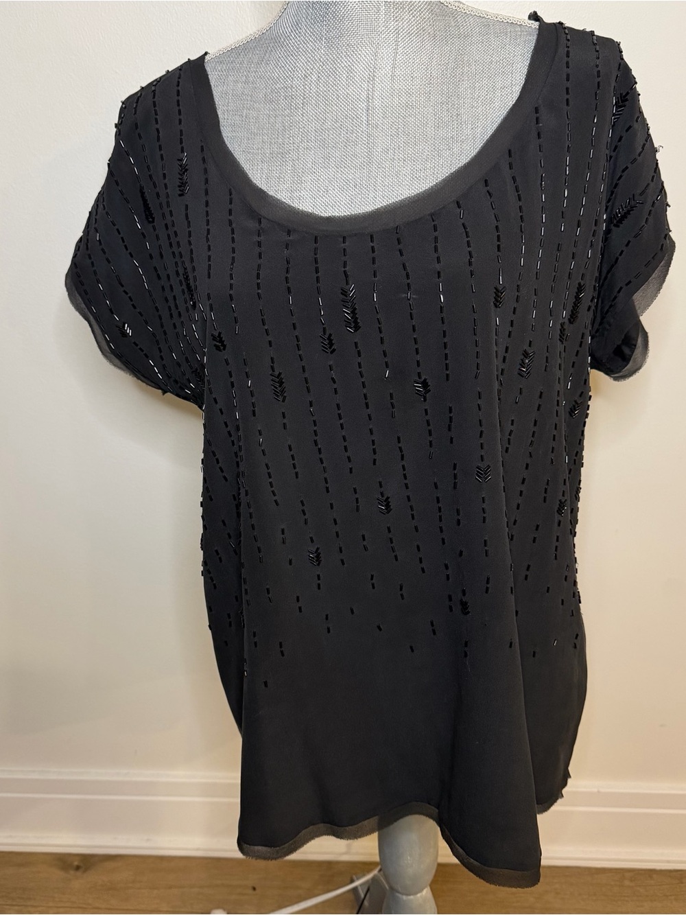 Eileen Fisher silk Black Beaded Short Sleeve Women’s Top, L